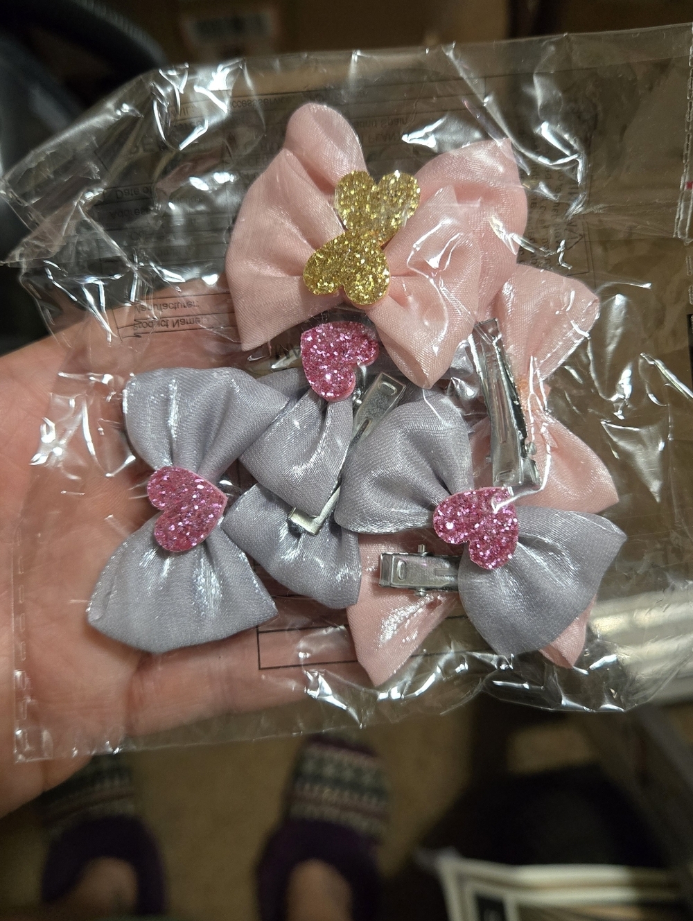 Pink and Silver Grooming Bows with Glitter Hearts And Stars - Set Of 8